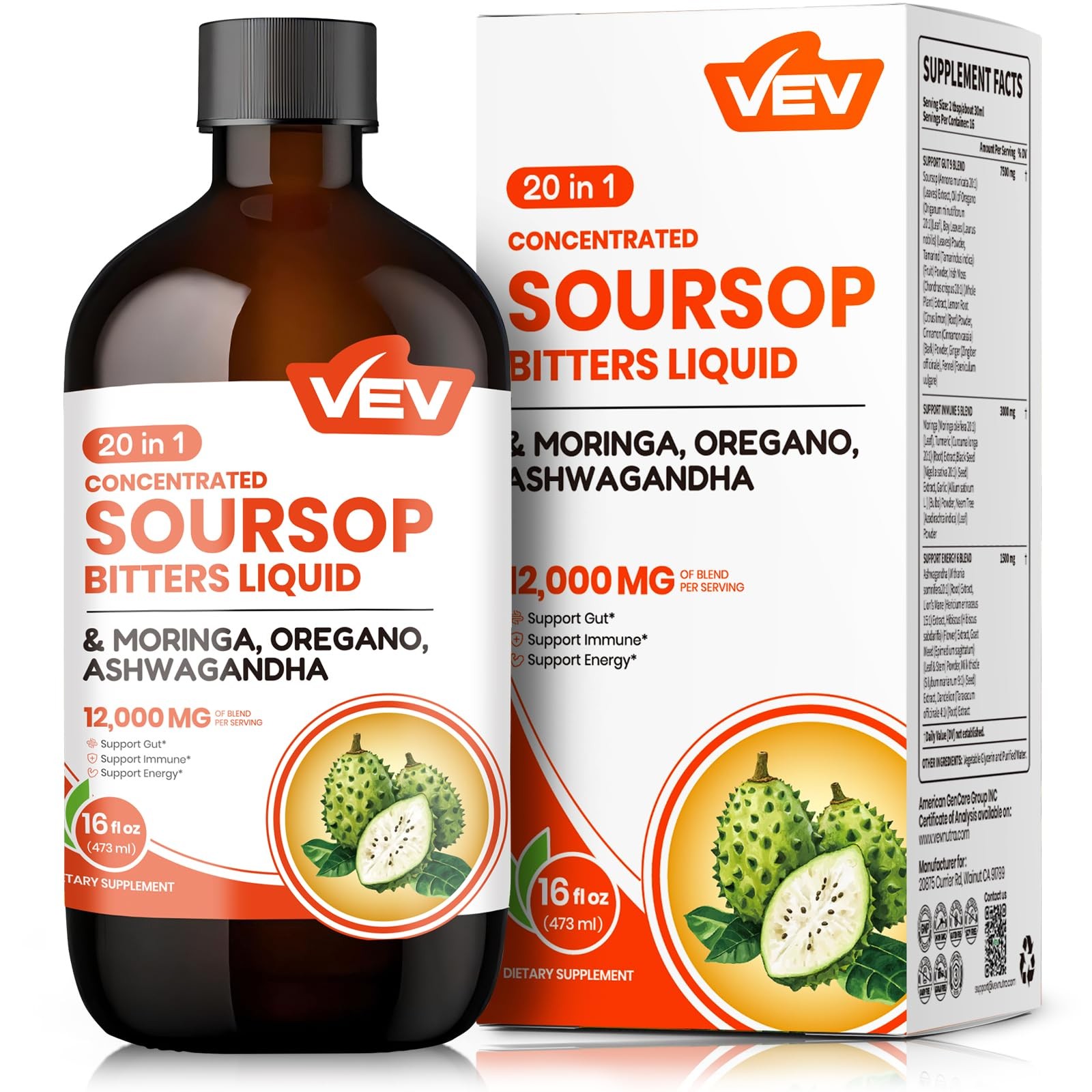 Soursop Bitters Liquid, Graviola Extract, 16 Fl Oz, 20 in 1, with Moringa, Or...