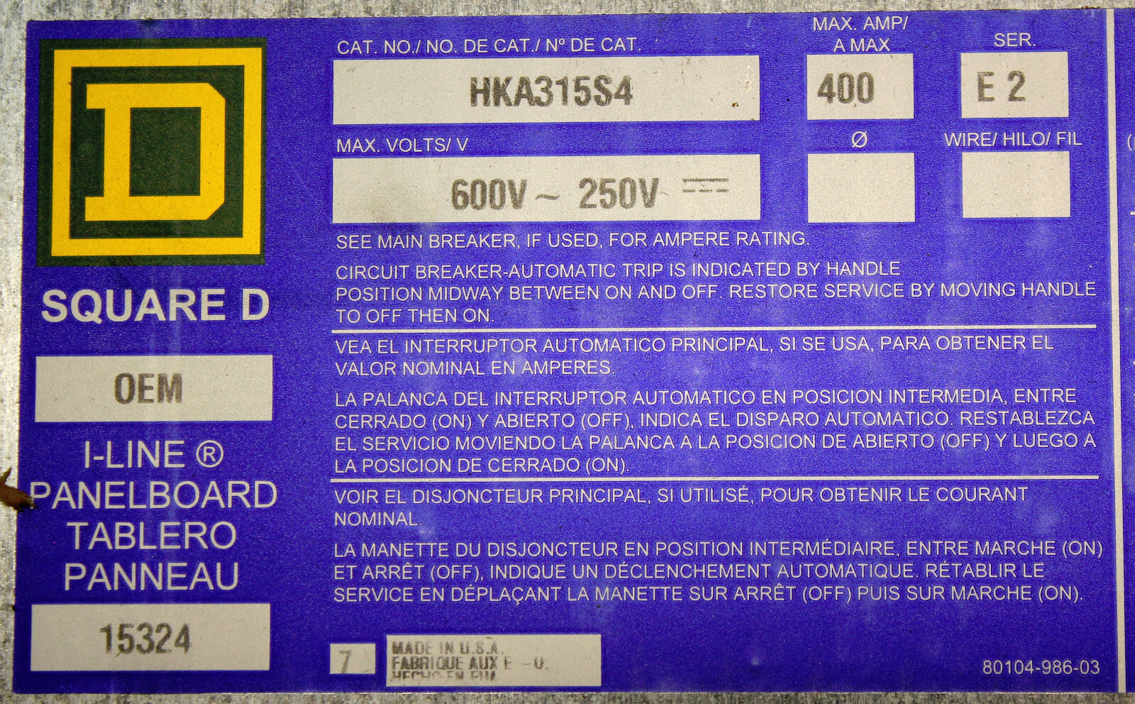 Square D HKA315S4 I-Line Panelboard