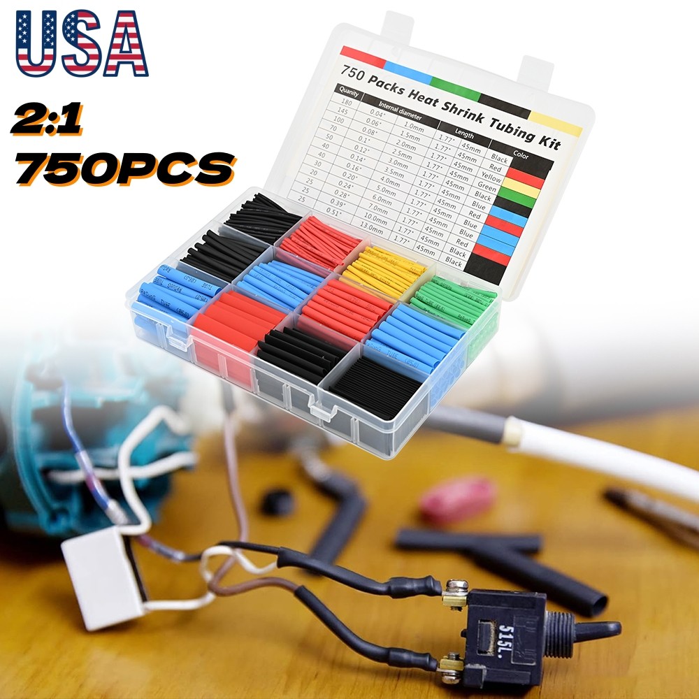 750Pcs Heat Shrink Tubing Insulation Shrinkable Tube 2:1 Wire Cable Sleeve Kit