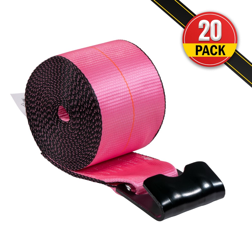 20 Pk 4"x30' Pink Winch Straps with Flat Hooks 5400 lbs WLL Tie Down Straps