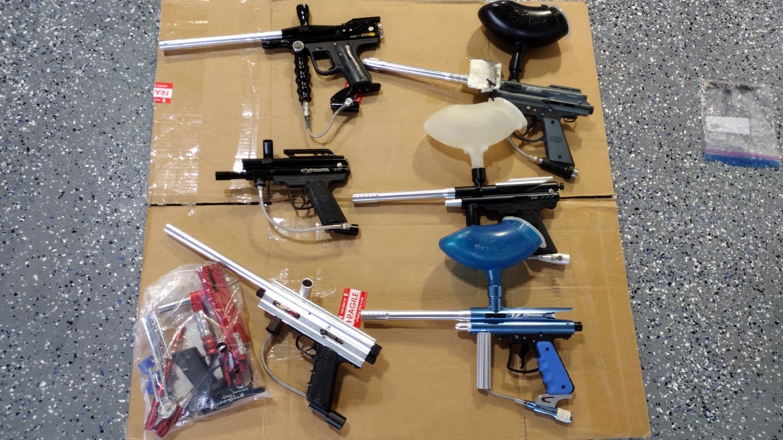 paintball marker lot 7 guns, 4 bags, adapters Piranha, orion, spyder, Eradicator