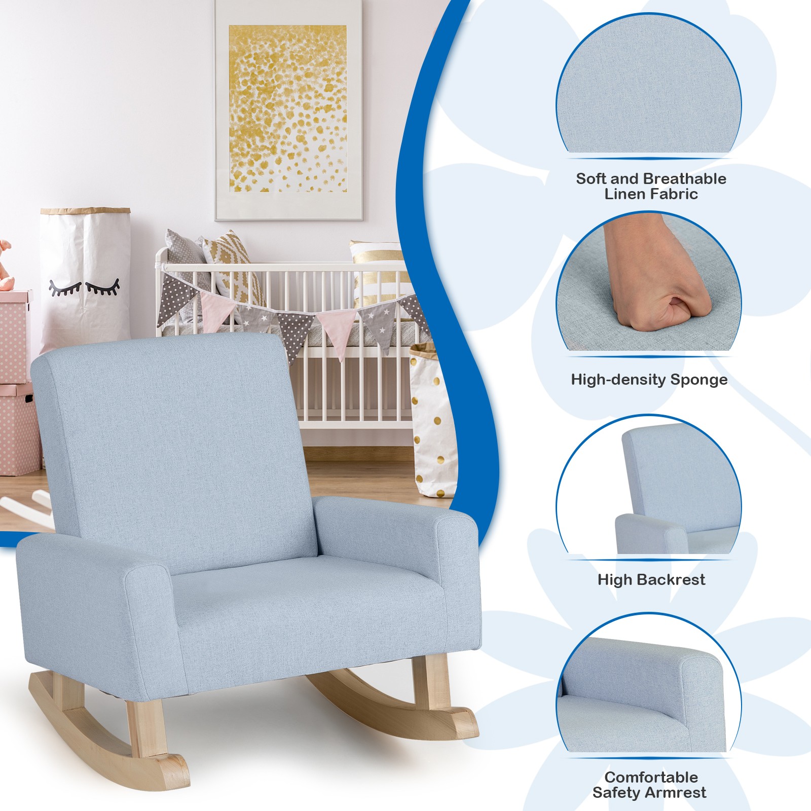 Kids Rocking Chair, Toddler Modern Linen Fabric Armchair for 3-5 Years Old