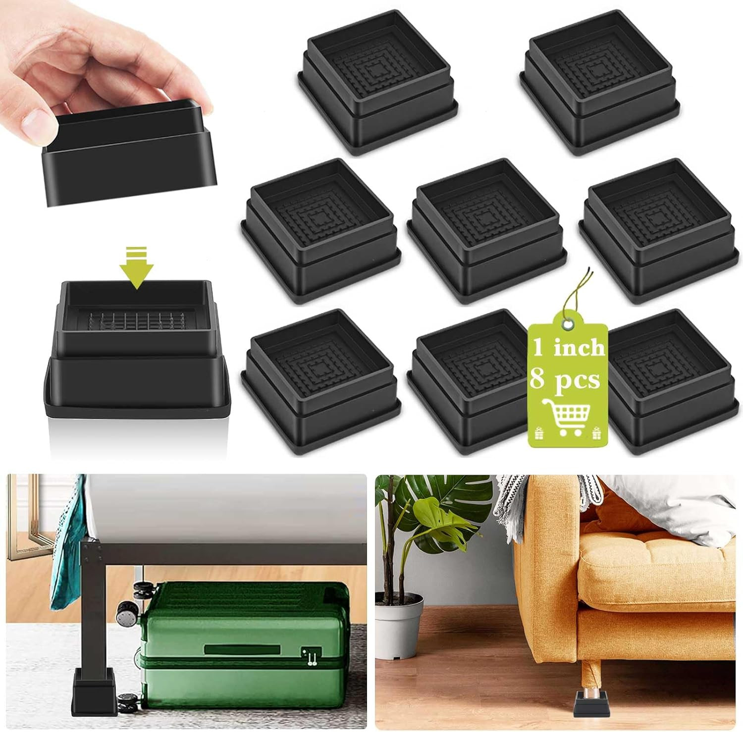 8 Pack Furniture Risers 1 Inch, Adjustable Bed Risers Heavy Duty for Table Desk