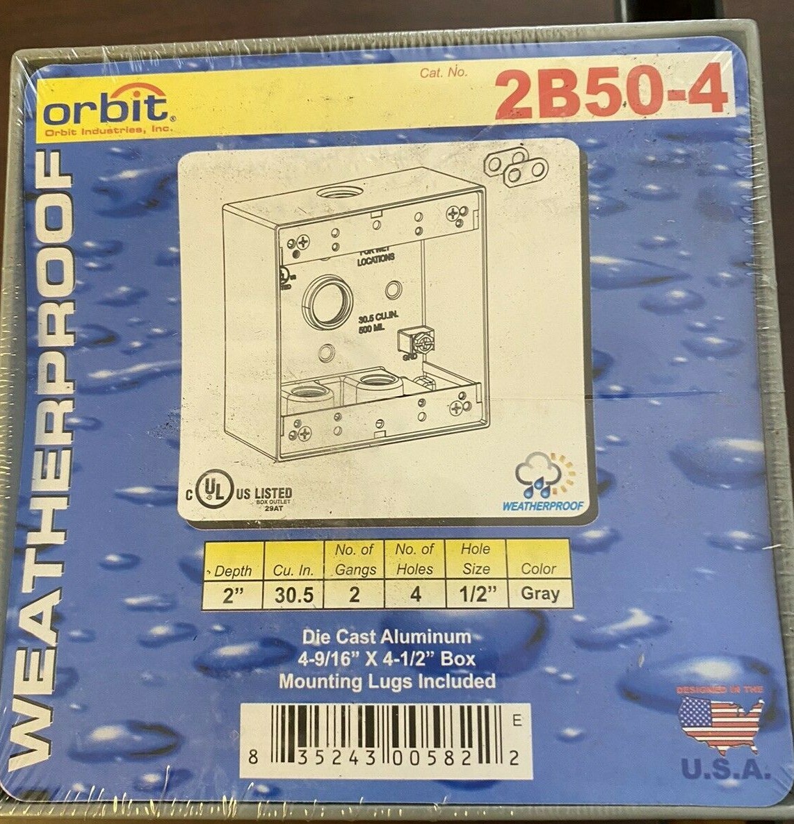 Orbit 2B50-4 Electric Box, 2" Deep 4 Outlets w/1/2" Hole Size Weatherproof - 2-G