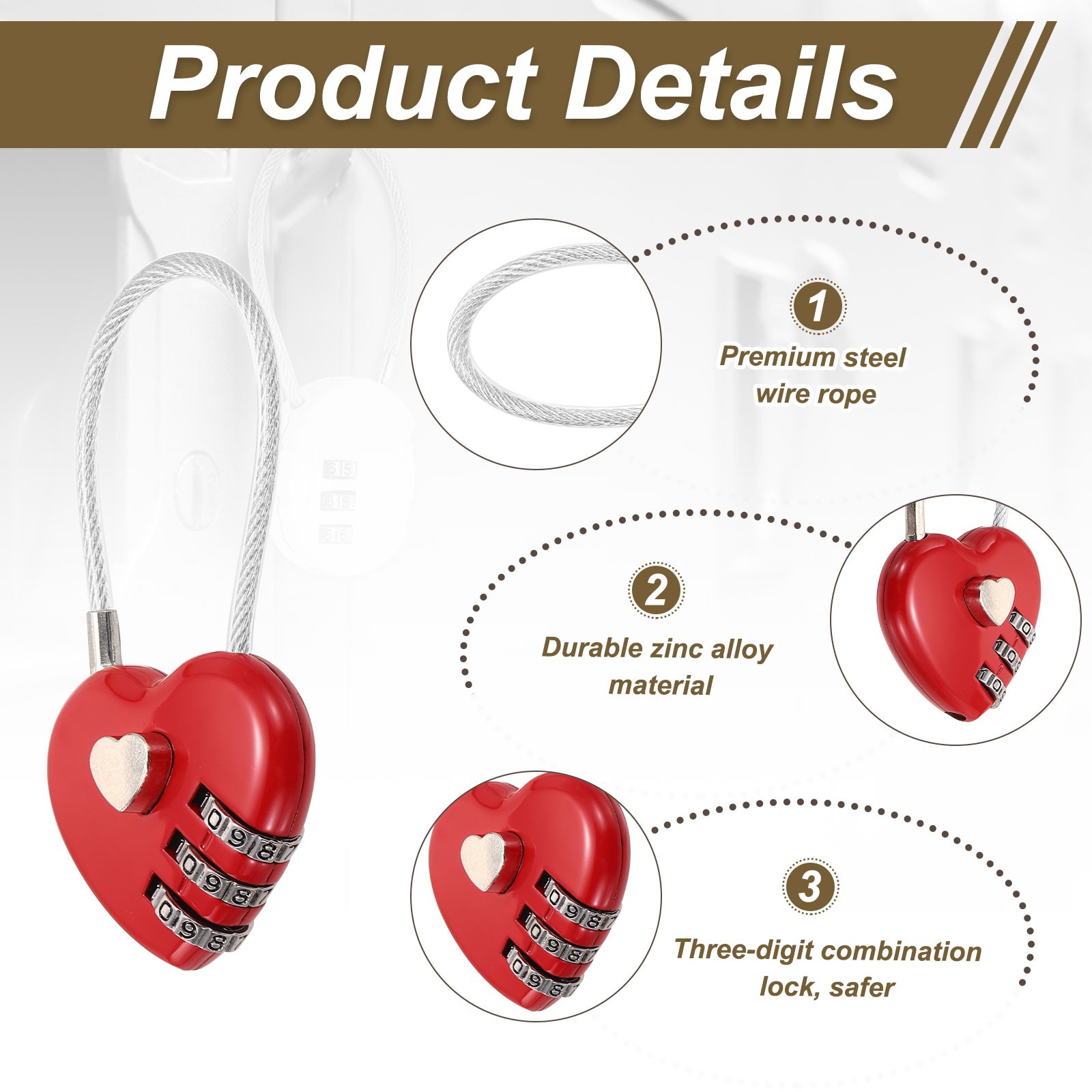 1-Pack Combination Padlock, 3 Digit Heart Shaped Cable Luggage Lock [Red]