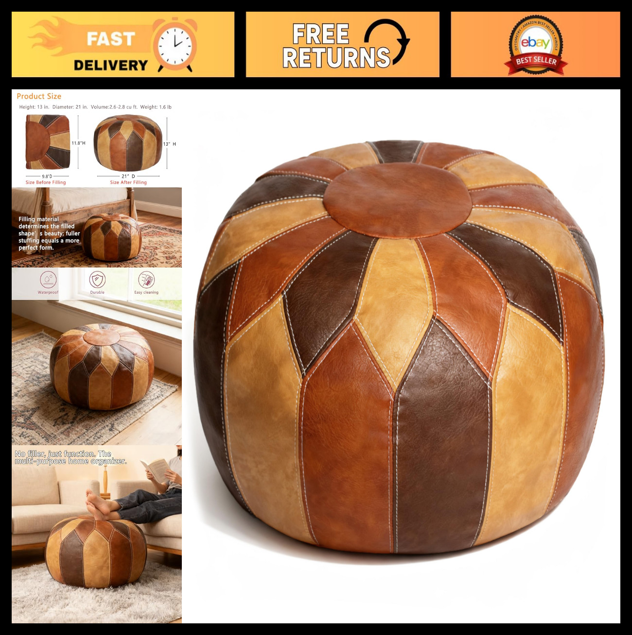 Handmade Moroccan Faux Leather Pouf Ottoman with Storage - Boho Chic Footrest, T