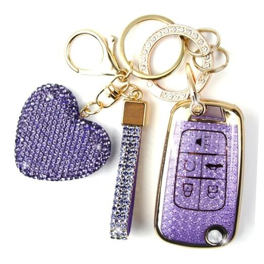 Key Fob Cover with Diamond Keychain for Women, Car Key Holder Purple-heart