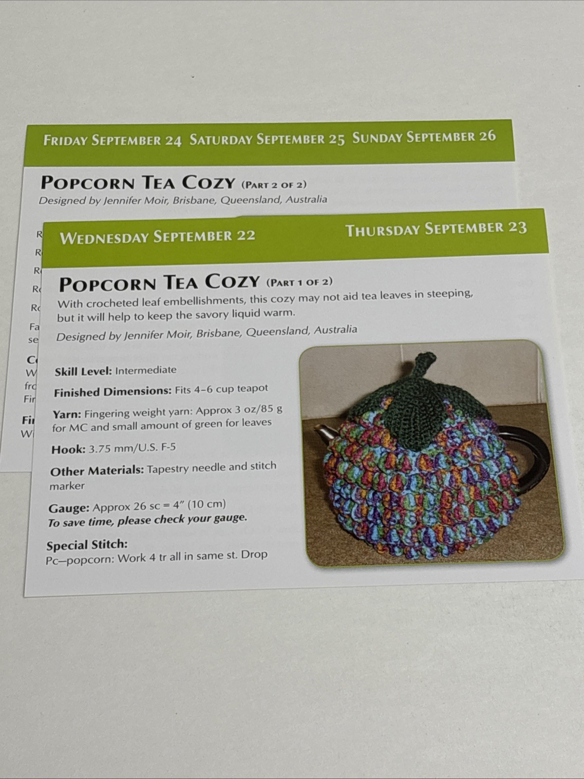 Popcorn Tea Cozy Crochet Pattern Cards Pages