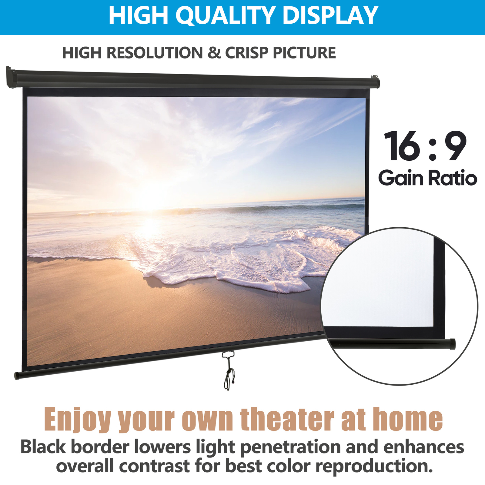 Projection Screen 100'' Pull Down Projector Movies Screen 16:9 HD Home Theater