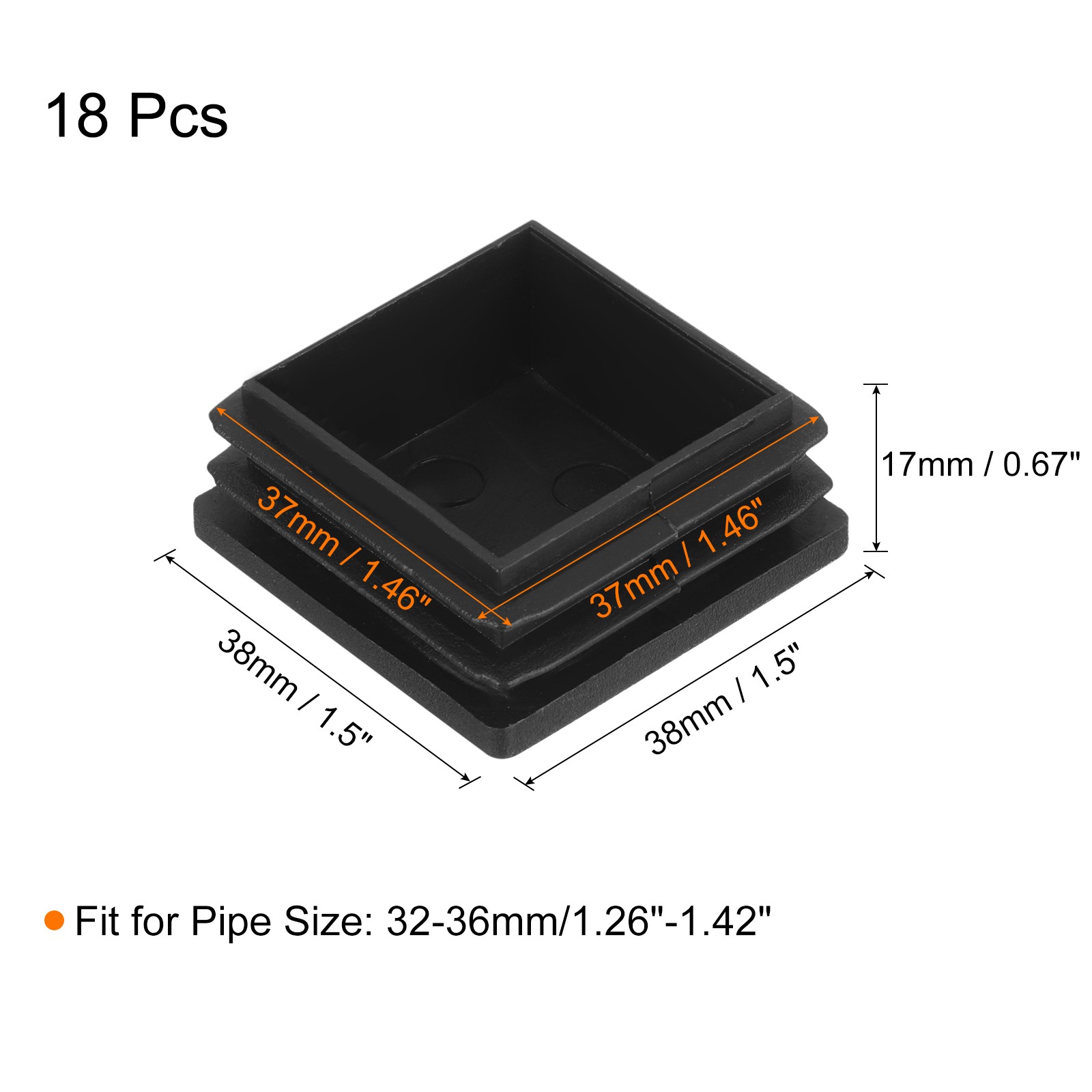 18Pcs Square Plastic Plug Insert, 1.5" x 1.5" Black Plastic Plugs End Cap