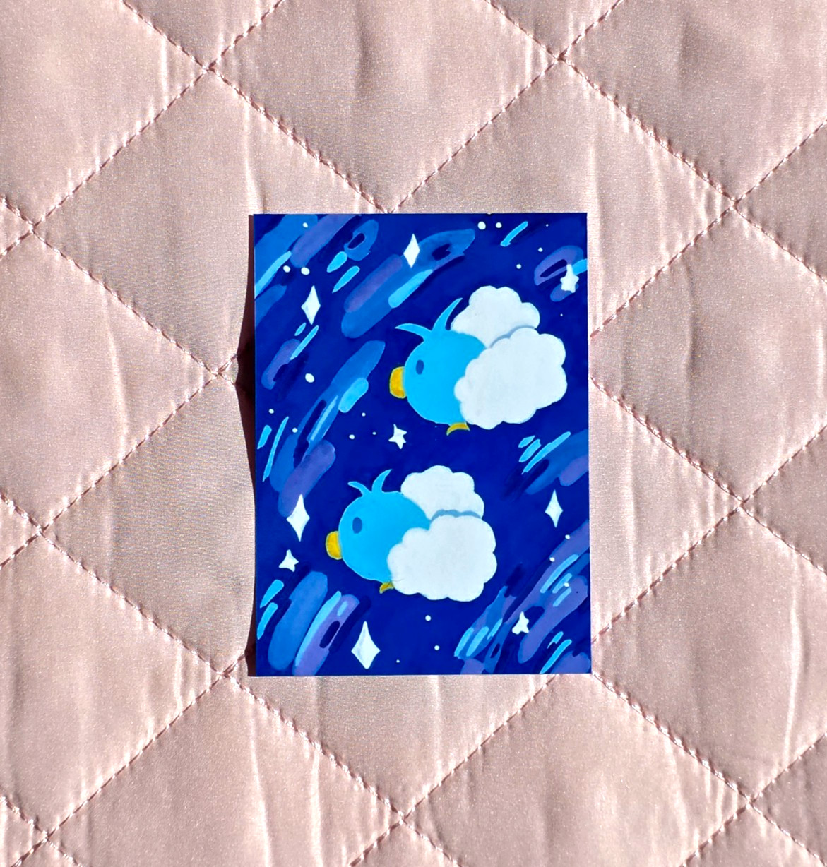 Original ACEO 2.5x3.5 *PRINT* Pokemon Swablu, Flying, Blue, Night, Sky, Abstract
