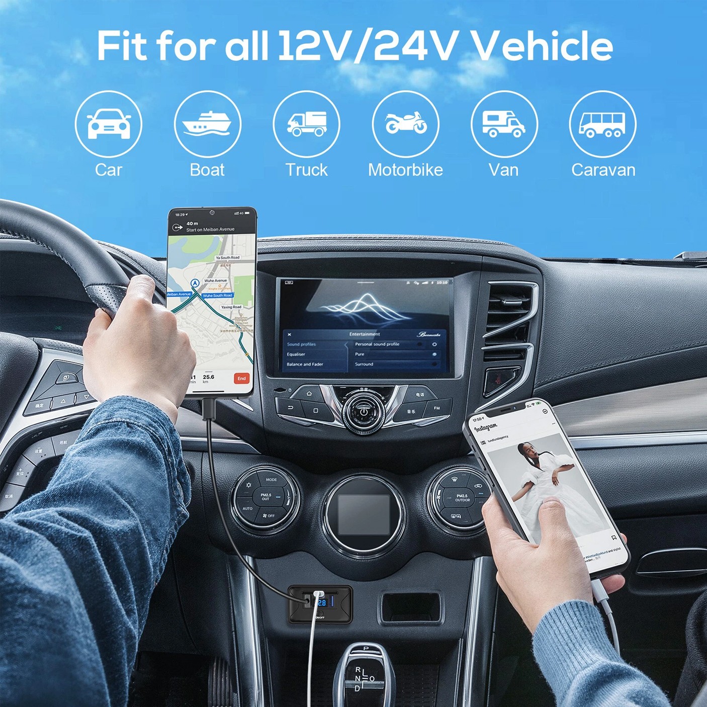 QC3.0 & PD Dual USB 12V-24V Car Fast Charger Socket Power Outlet On-Off Switch