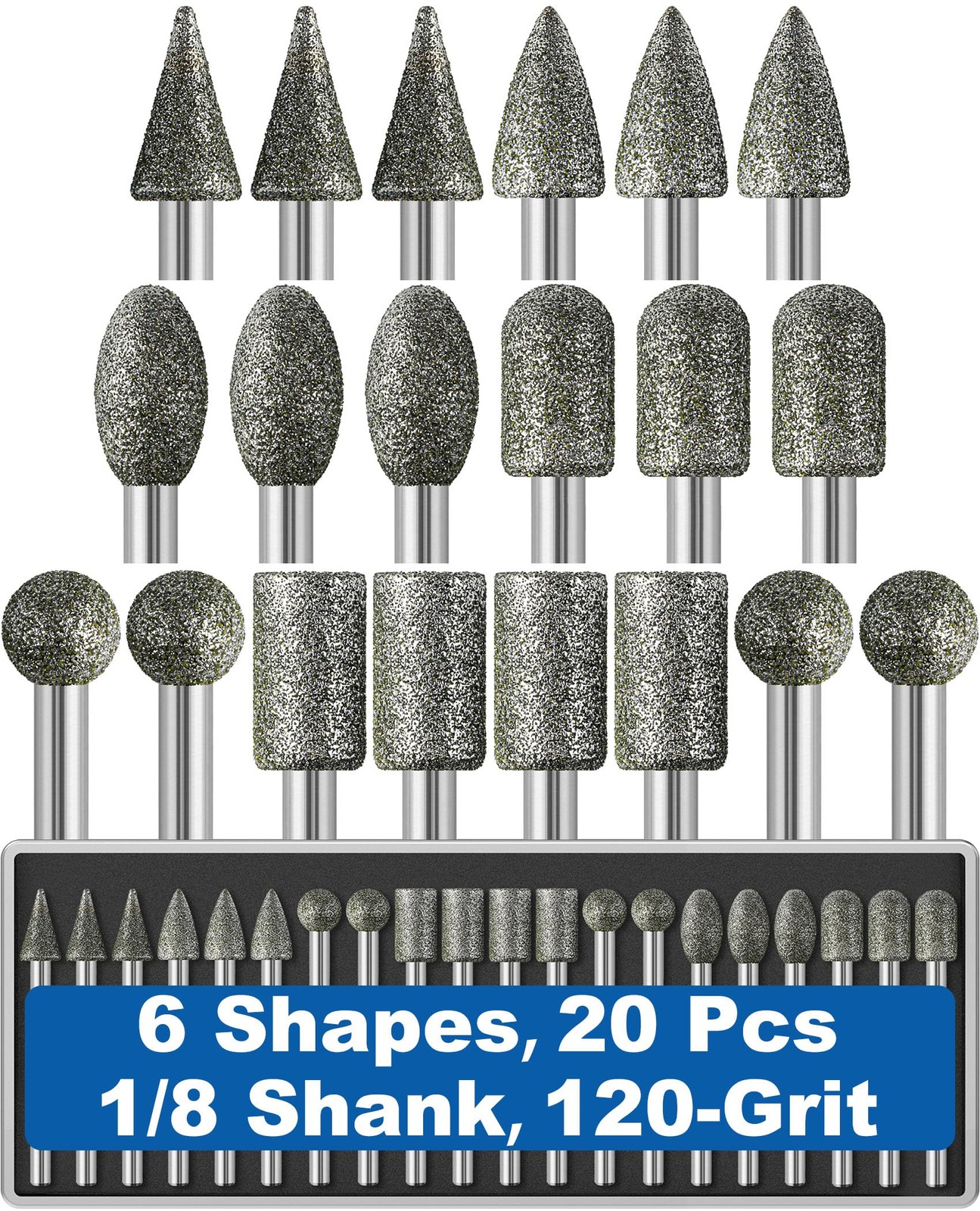 20Pcs 120-Grit Diamond Grinder Bit 1/8" Shank Compatible Small, Silver Grey