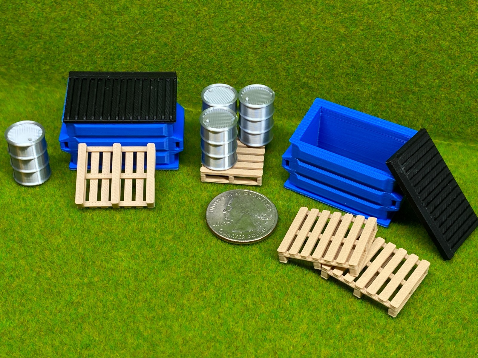 O Scale Trash Scenery Set: 2 Dumpsters, 4 Pallets, 4 Drums – 10 Piece Set