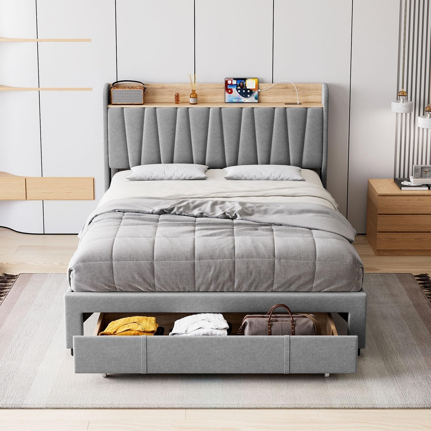Full/Queen/King Size Bed Frame Headboard Upholstered Platform Bed with Drawers