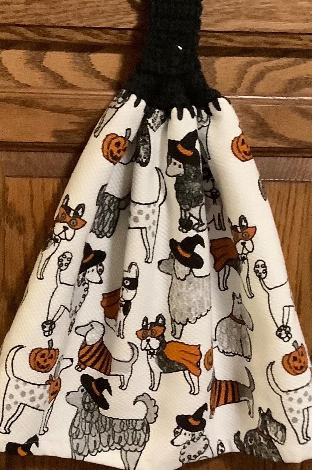 Double hanging kitchen towel Halloween dogs crocheted black top