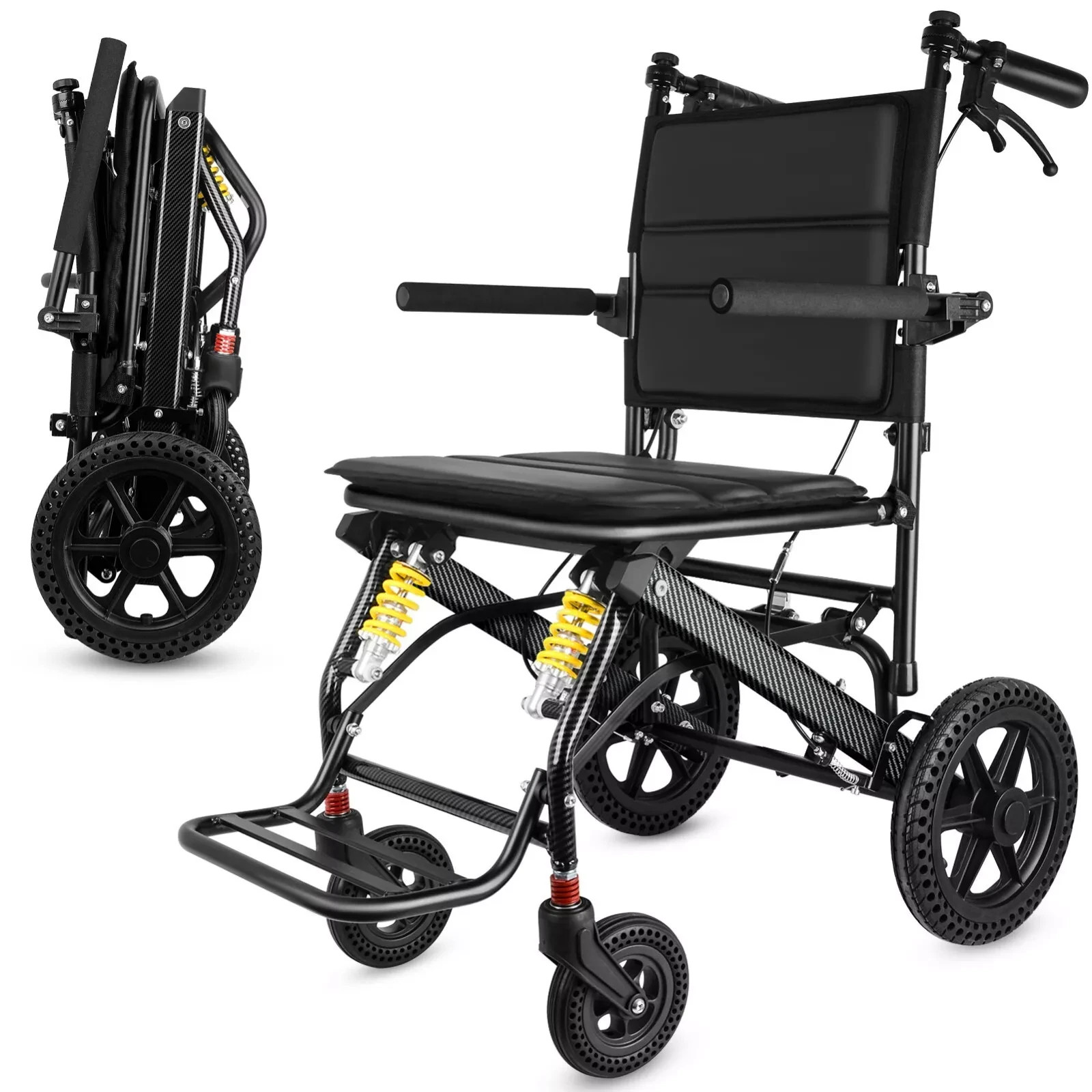 Foldable Transport Wheelchair, 220lbs Capacity, 360° Swivel Wheels, Hand Brakes