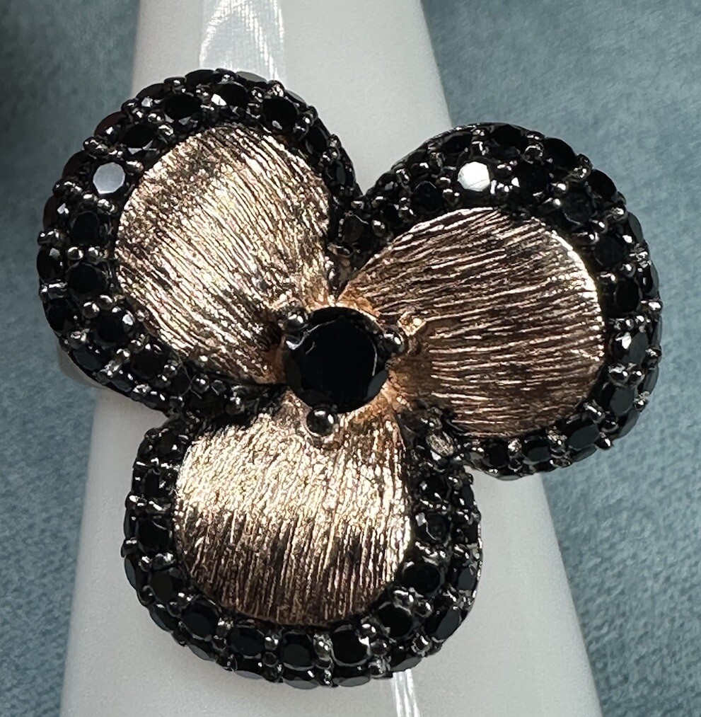 Sterling Silver Swirl Rose Gold Vermeil Flower With Black Gemstone Ring Sz 9