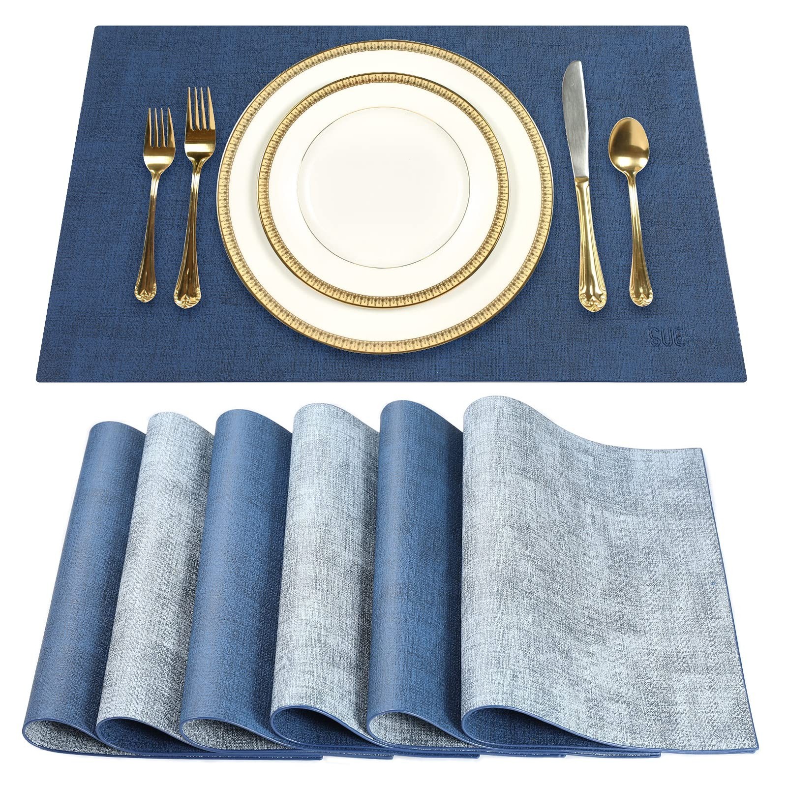 SUEH DESIGN Leather Placemats Set of 6 Reversible Table Mats Heat Resistant W...