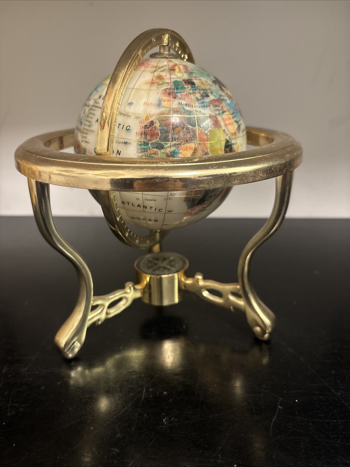 World Globe with Gold Metal Stand & Compass