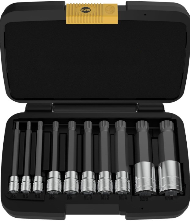 Juego 10 dados punta estriada XZN extra largos 4'' M4-M18 acero S2 con estuche