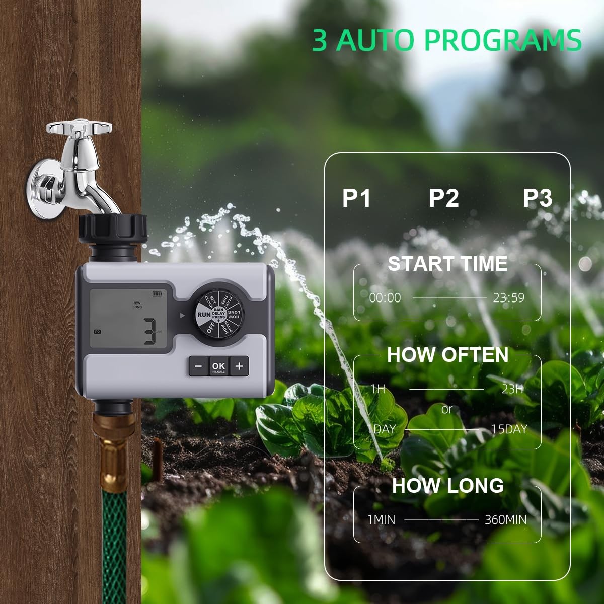 Garden Sprinkler Timer Dial Hose Faucet Programmable Water Timer with Rain De...