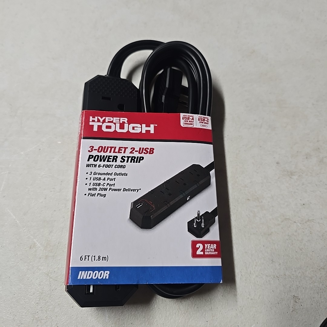 Hyper Tough - 3 Outlet + 2 USB Power Strip - 6 Foot - Black