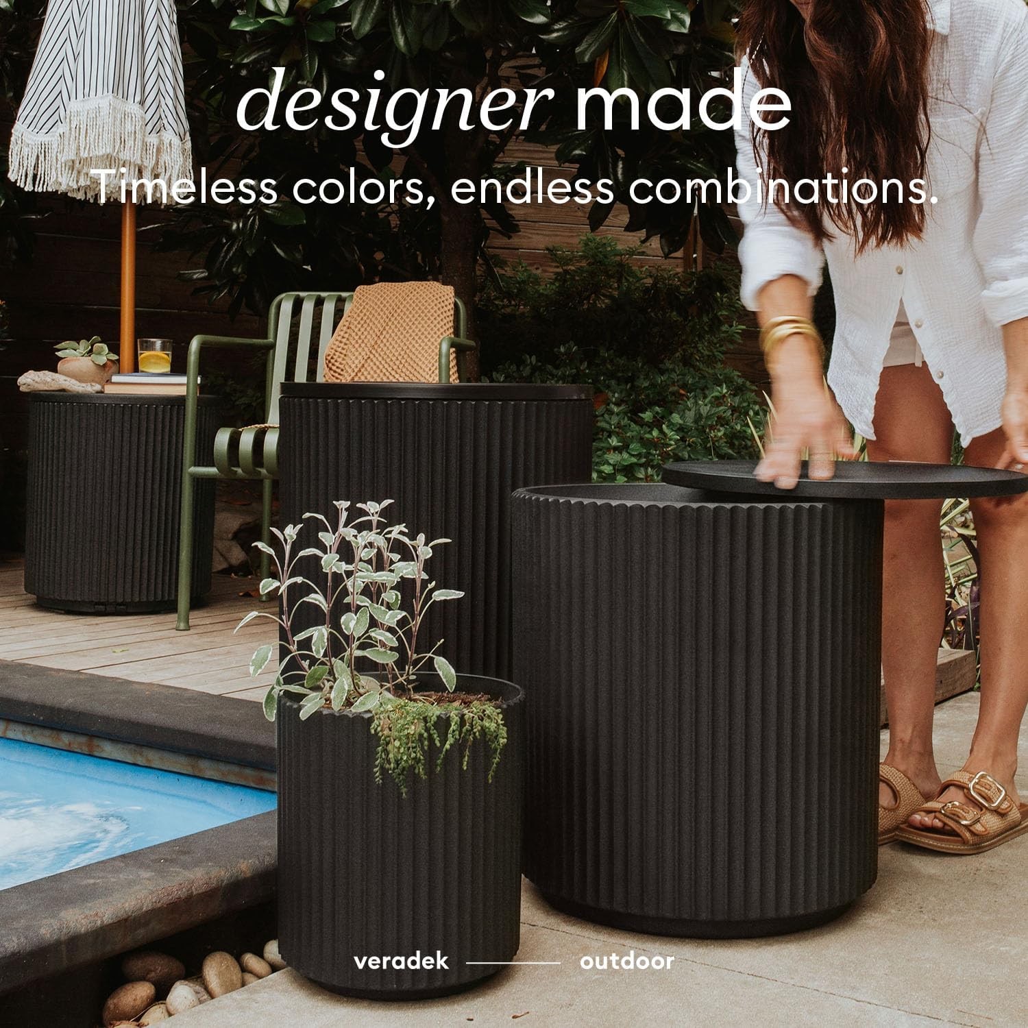 Outdoor Cooler Side Table - 2 in 1, Black, 21 inch, Fluted Surface