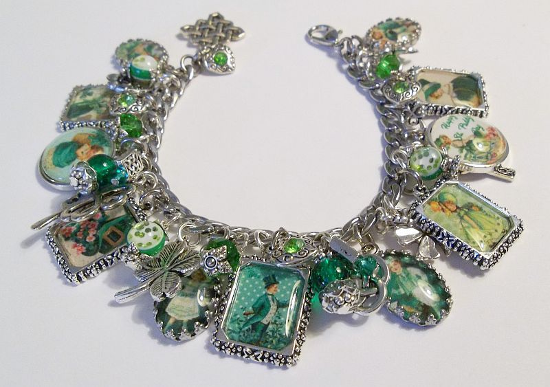 Victorian St. Patrick's Day Cards Theme Charm Bracelet Hand Crafted Glass Dome