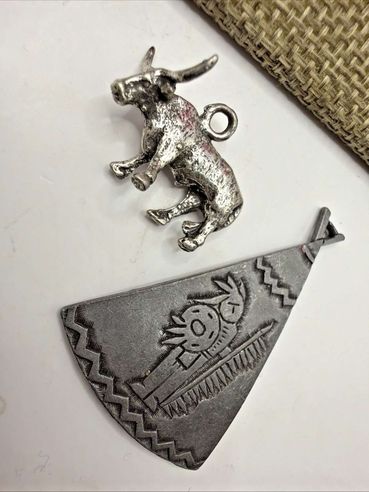 Silver Tone Costume Jewelry Charms Longhorn Steer & Teepee Native American