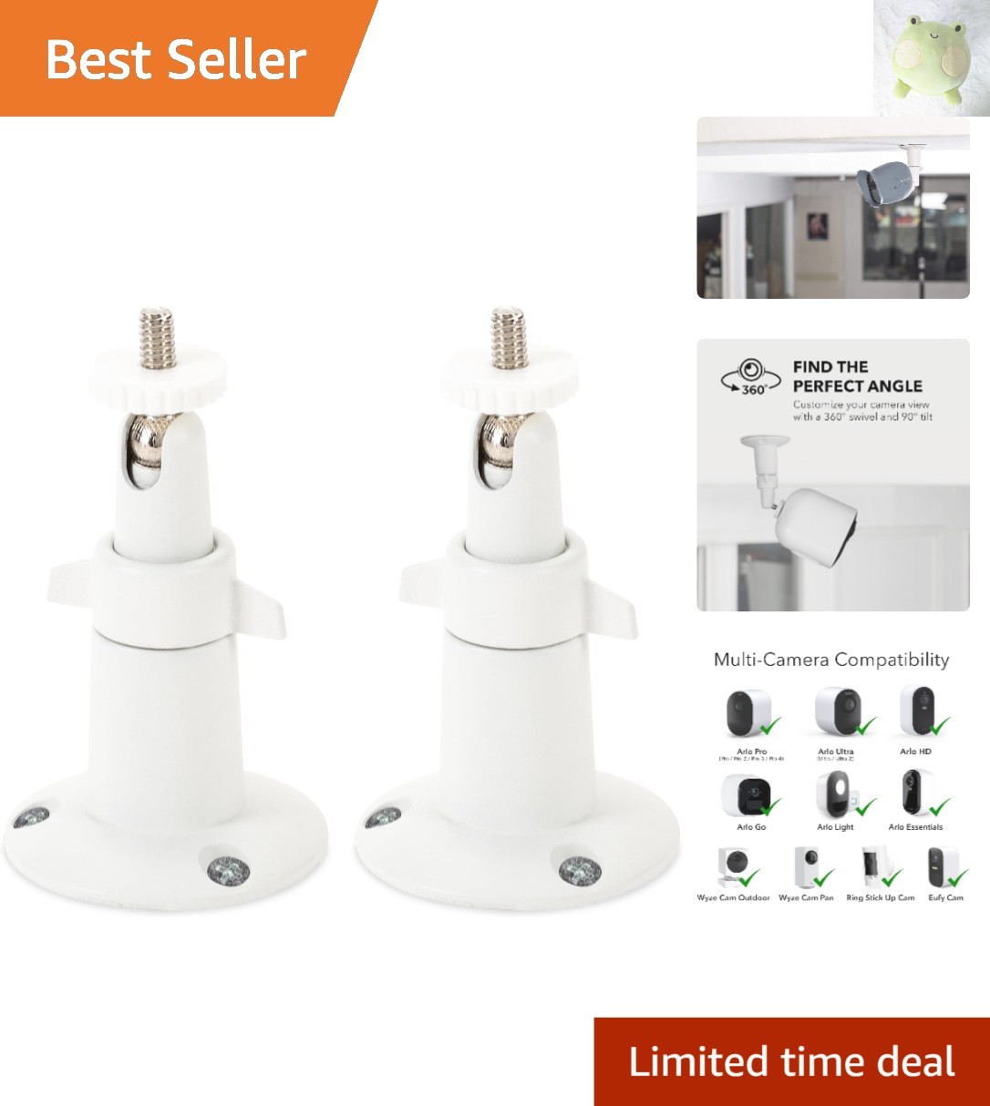 Sturdy Adjustable Wall Mount for Arlo and Ring Cameras - Two Pack, White Finish