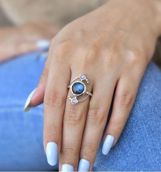 Moonstone & Labrador Ring Solid 925 Silver Handmade Women Ring All Size SR273