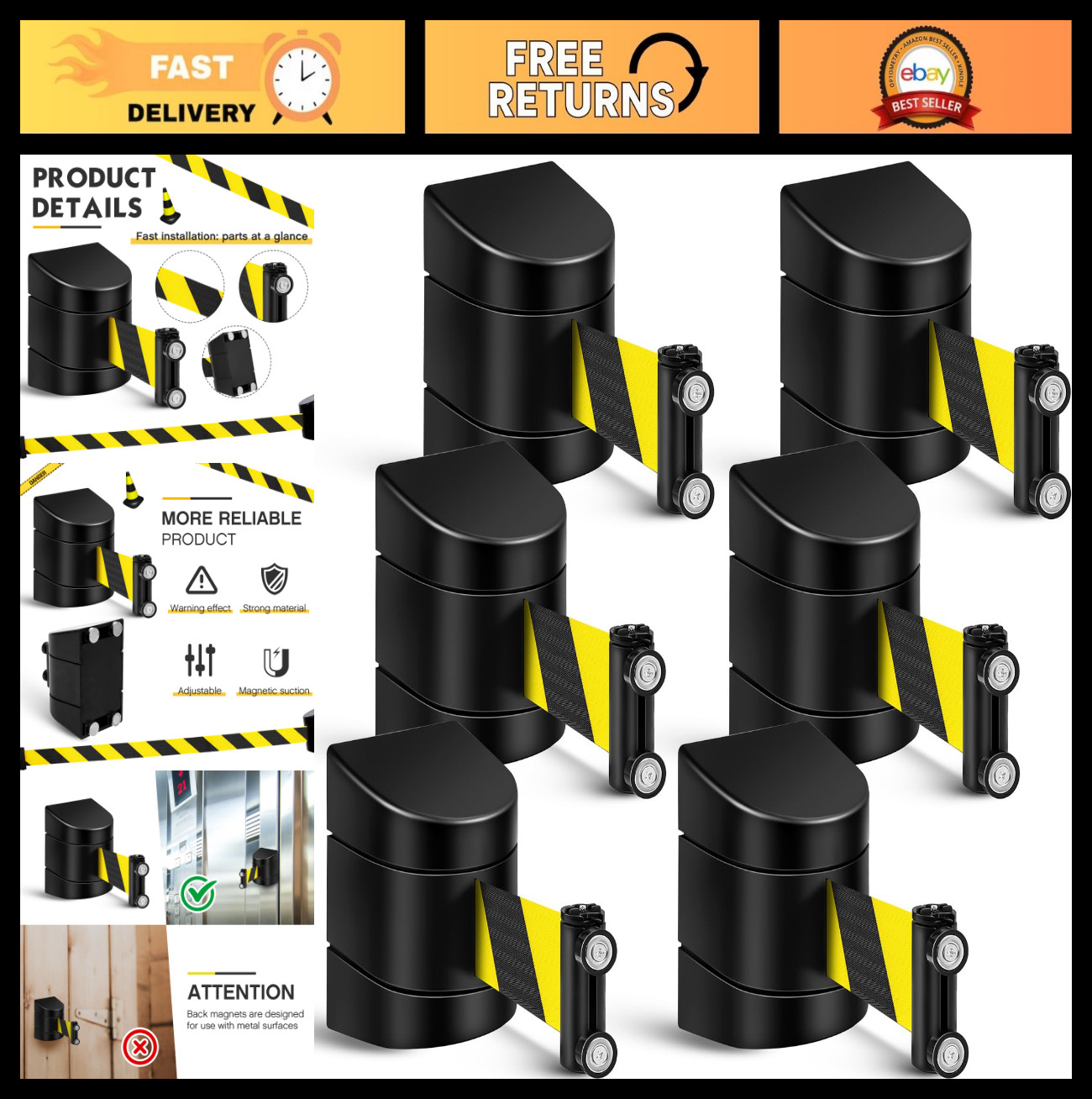 6 Pack 16.4ft Magnetic Wall Mount Retractable Belt Safety Barrier - Crowd Contro