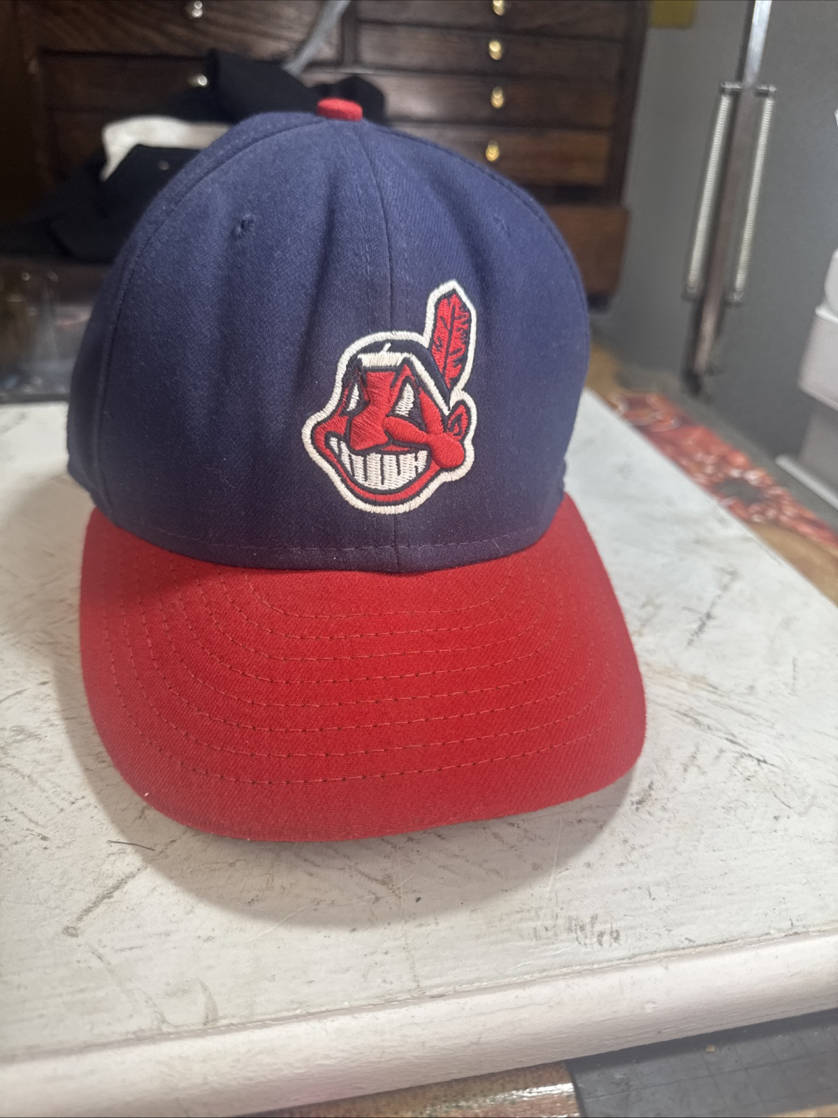 New Era 59Fifty Cleveland Indians 7 1/2 Fitted On Field Cap Hat Blue Red Wahoo