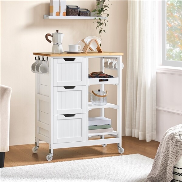 Kitchen Island Storage Serving Cart with 3 Open Shelves and 3 Drawers Coffee Bar