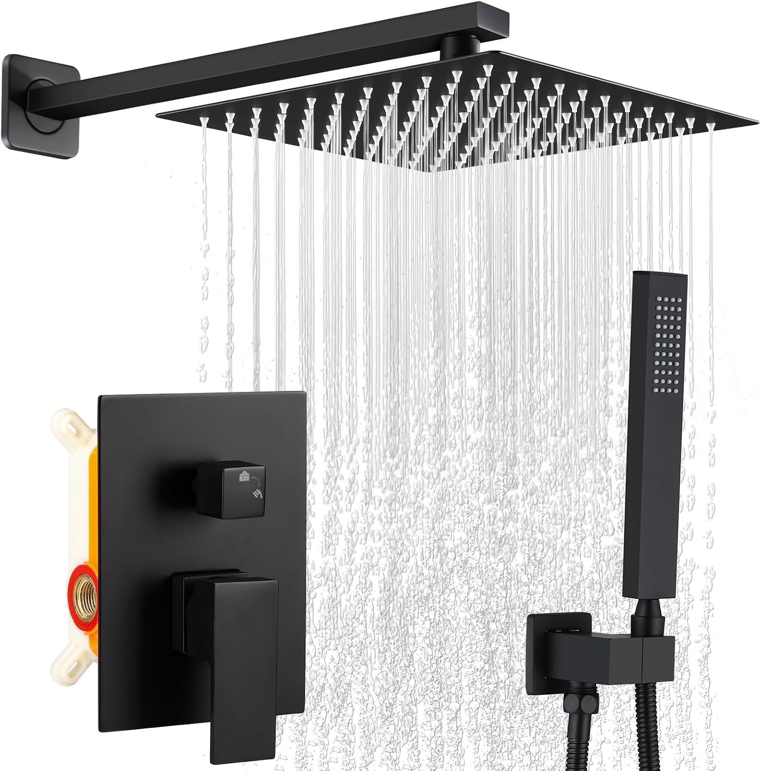 Matte Black Shower Faucet Set, Rainfall Bathroom Shower System Fixture 12 Inch