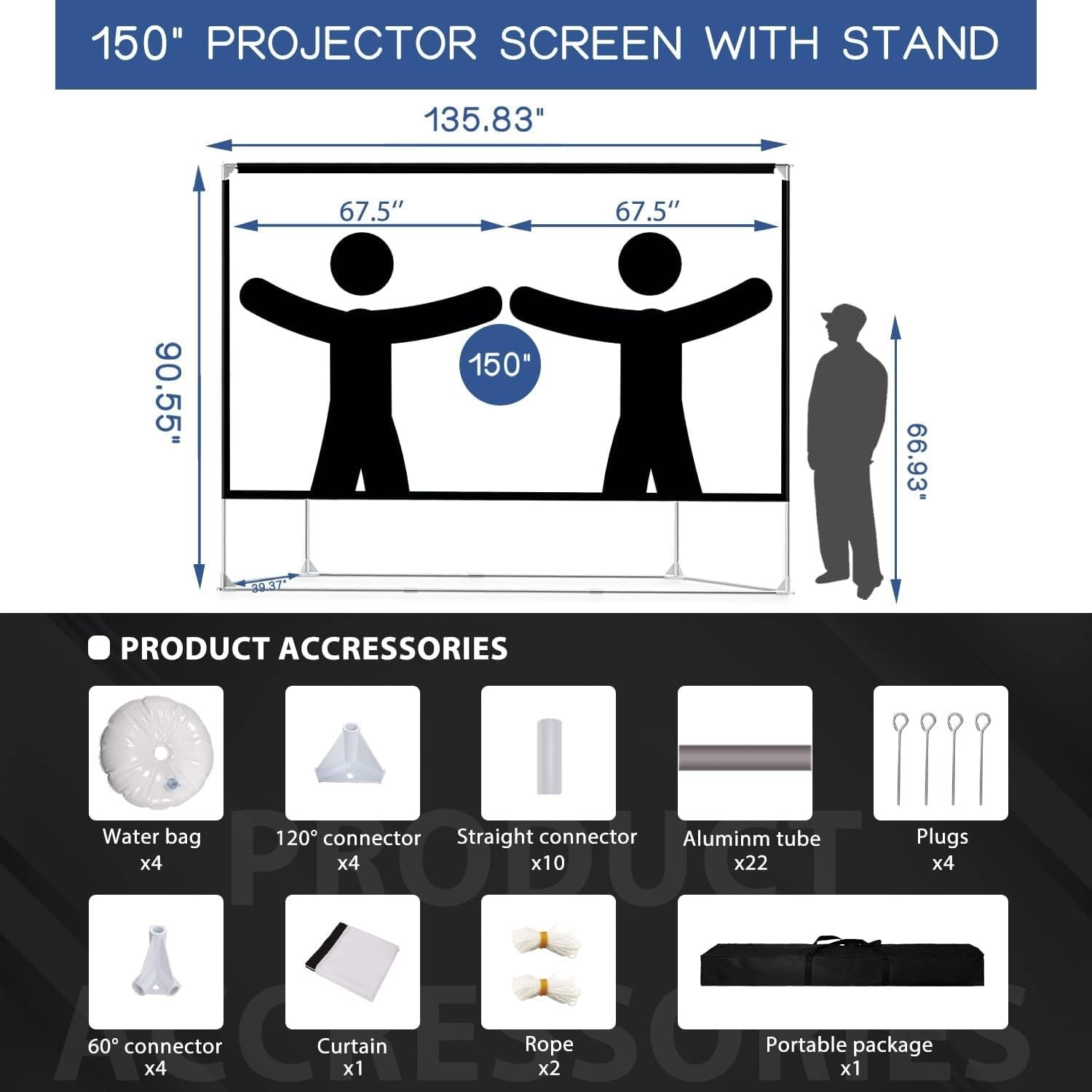 Portable 150" Projection Screen Anti Crease Design