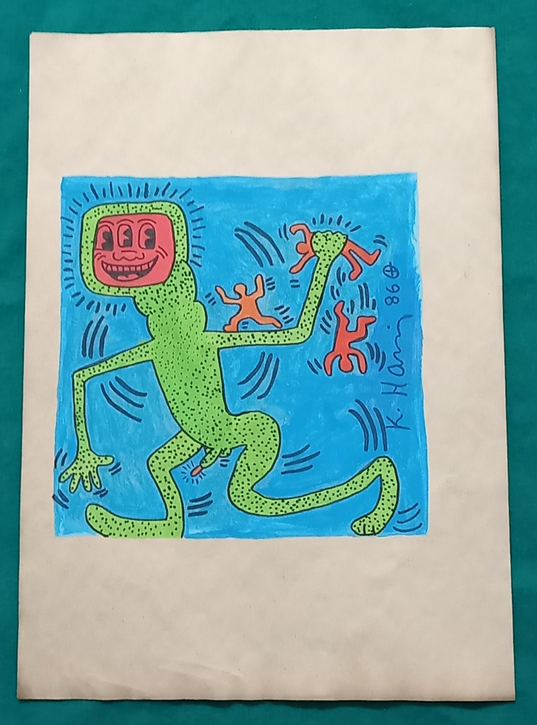 Keith Haring Drawing on paper (Handmade) signed and stamped mixed media.