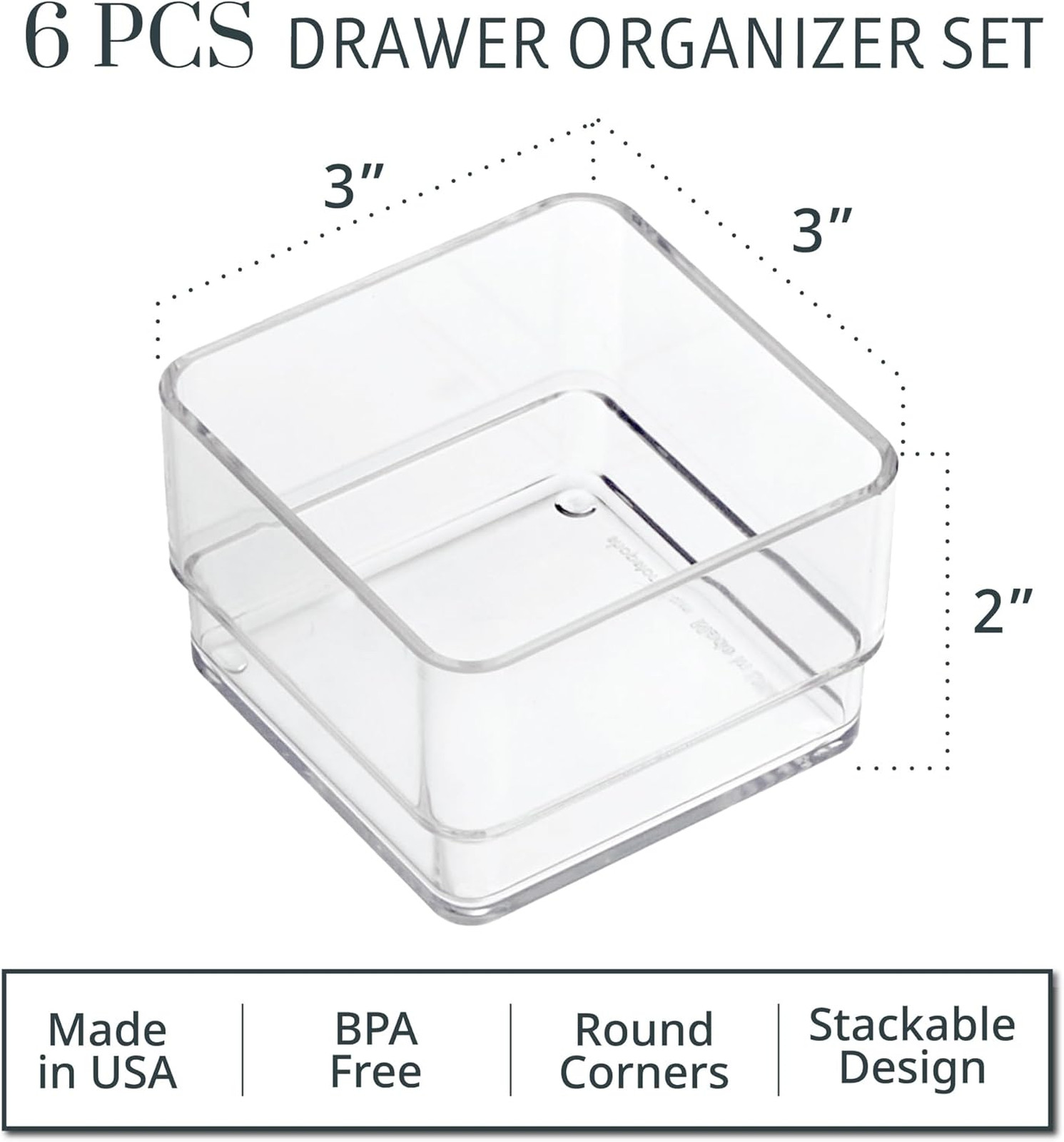 SimpleSort 6-Piece Stackable Clear Drawer Organizer Set, 3x3 Inch Square Bins