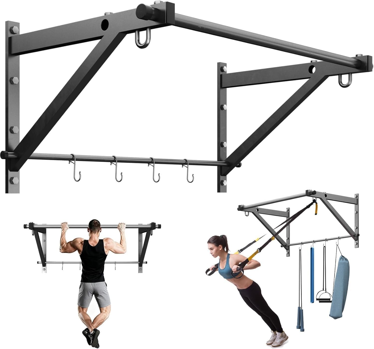 Wall Mounted Pull Up Bar, Strength Training Chin Up Bar with Hooks, Adjustable D