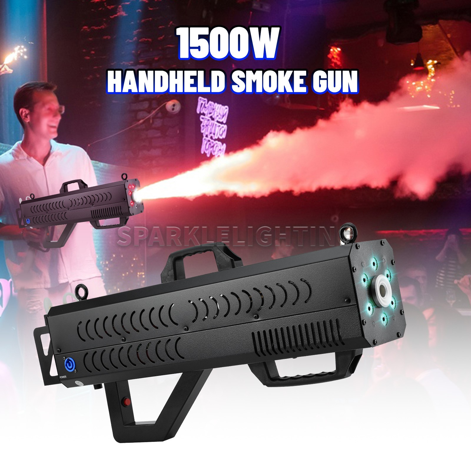 PAIDUN 1500W RGB Smoke Fog Machine Handheld Cannon Gun Night Club DJ Disco Party