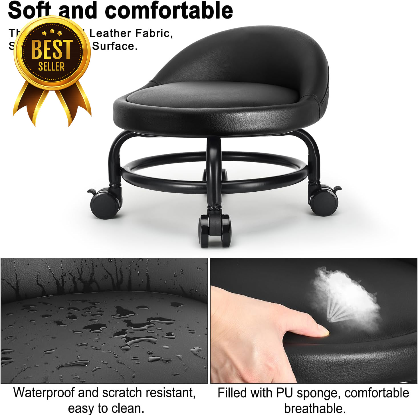 Rolling Stool with Backrest Low Height Roller Seat for Home Office Garage Shop