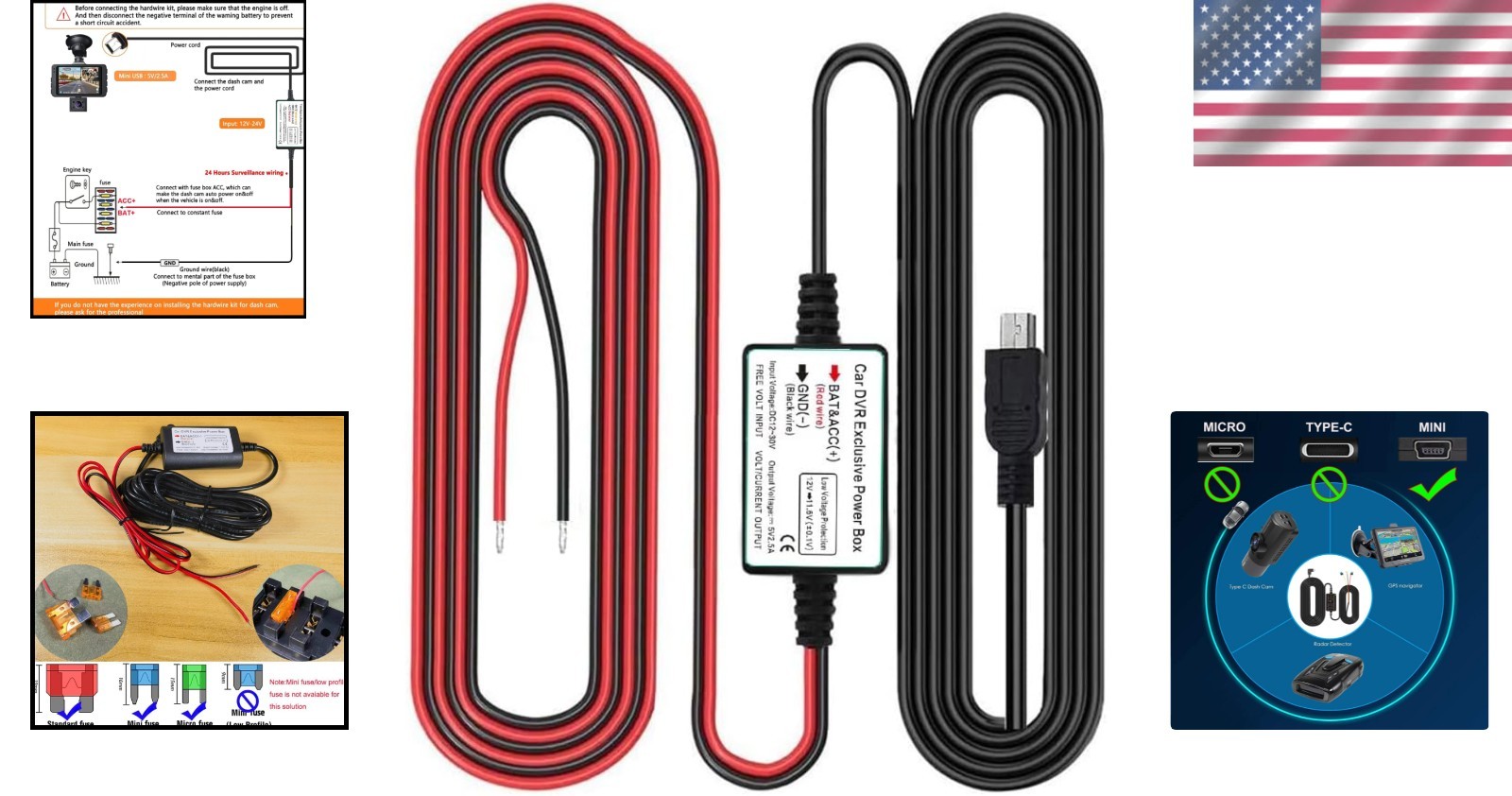Continuous Power Dash Cam Hardwire Kit - Low Voltage Protection & Easy Install