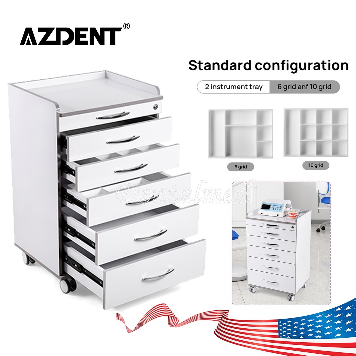 Dental Mobile Cabinet Cart With Grid 5 Drawers Medical Lab Storage Trolley Stand