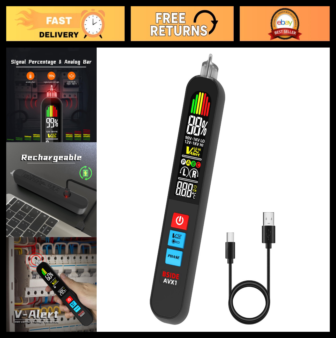 Non-Contact Voltage Tester Pen, Rechargeable AC Detector with 3-Phase Indicator,
