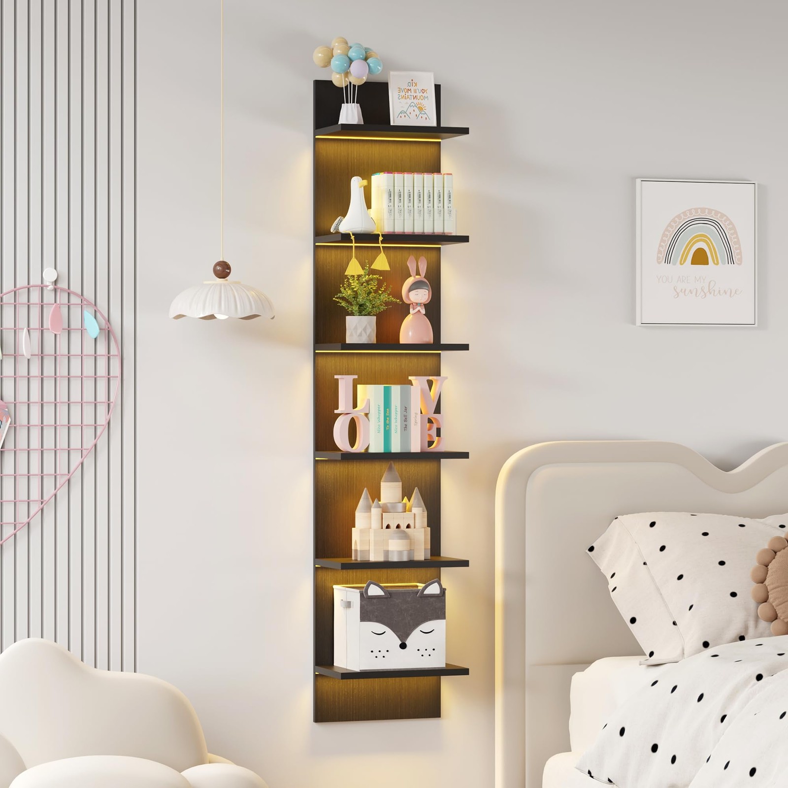 6 Tier Wall Shelf Unit with LED Remote Control Light, Floating Storage Home D...