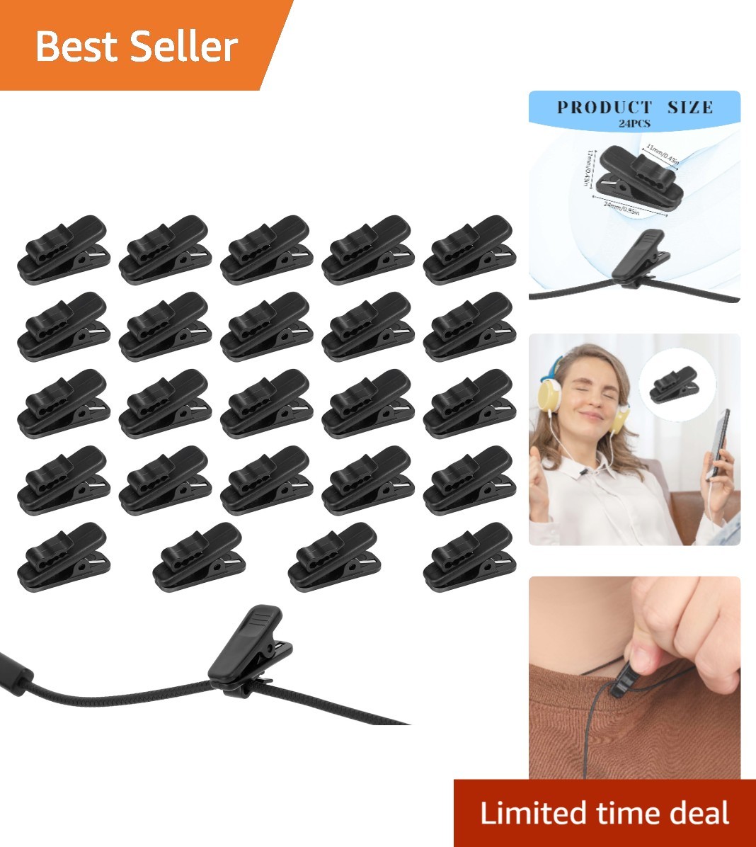 Lightweight Black Earphone Wire Clips - 24 pcs for Headphone Cable Control