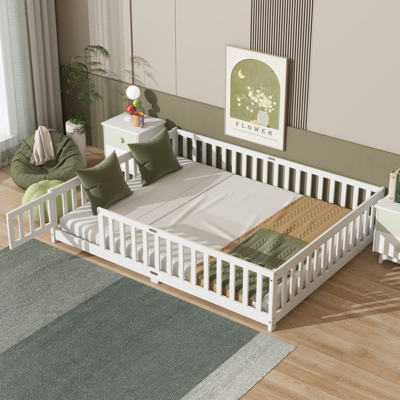 Queen Floor Bed with Safety Fence Door - Rubber Wood Kids Toddler Bed