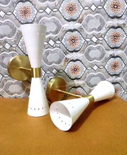 Handmade Brass Wall Sconce Reading Lamp - Beautiful Pair, White Shade
