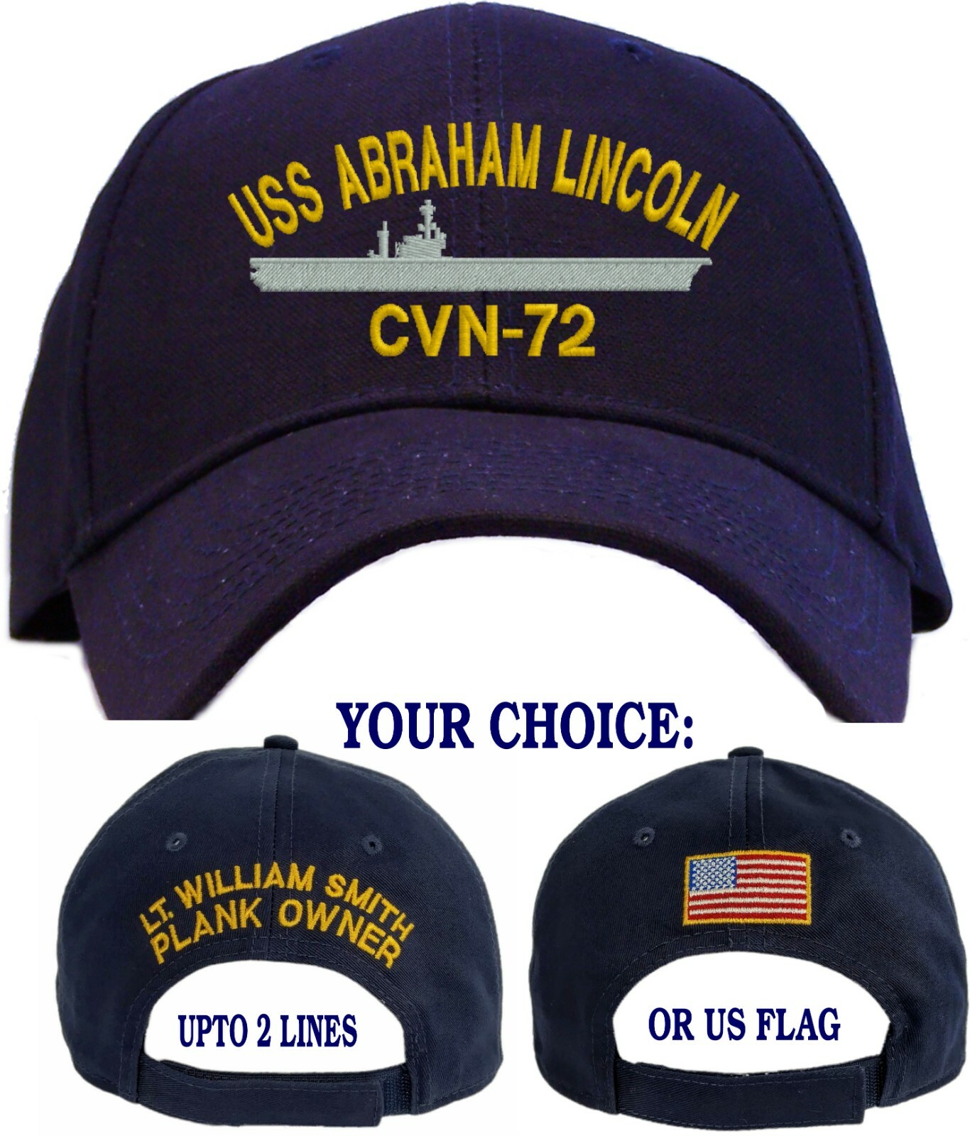 Personalized USS Abraham Lincoln CVN-72 Embroidered Baseball Cap - in 3 Colors